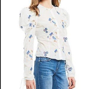 Chelsea & Violet Mutton Sleeve Flower Embroidered Cottagecore Button Down Blouse